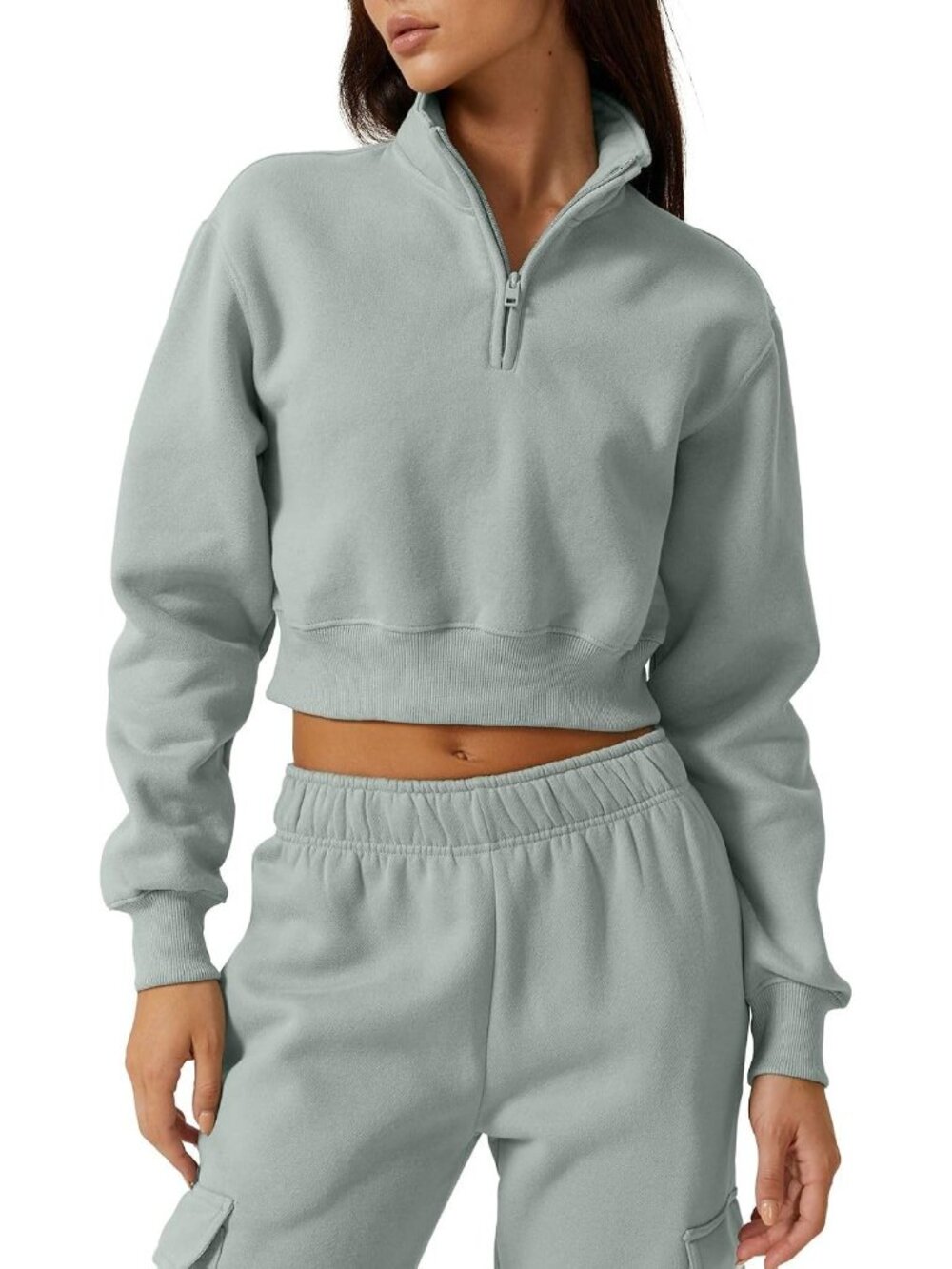 Women’s Frosty Green High Neck Long Sleeve Cropped Half Zip Top Sweatshirt